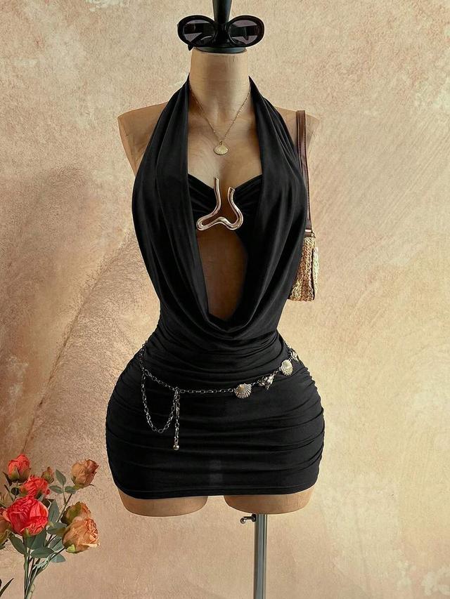 black cowl neck halter mini dress with metal detail