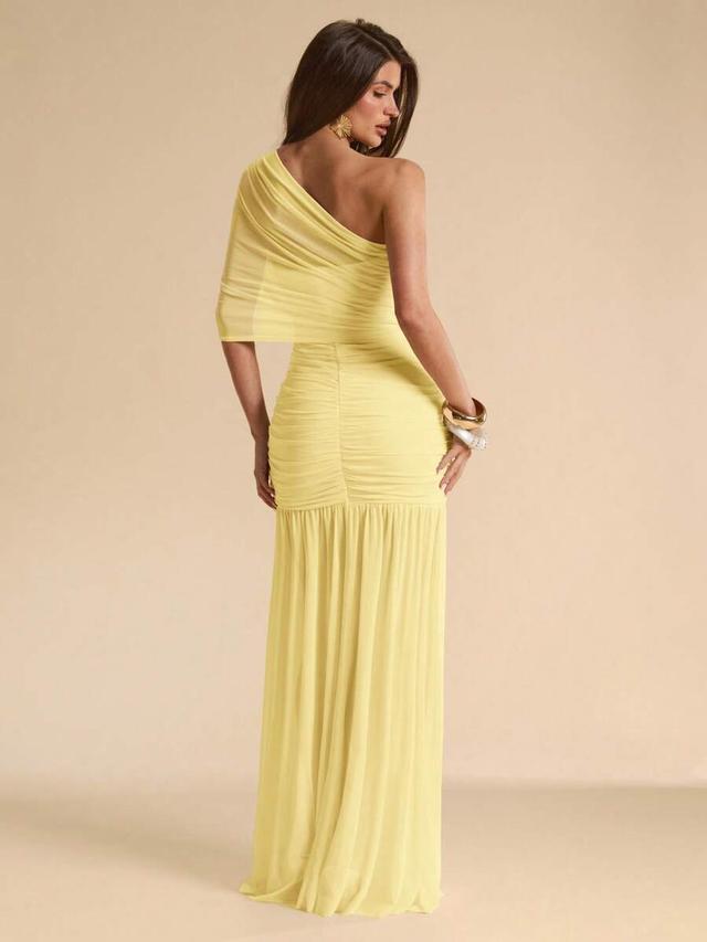 pale yellow one-shoulder ruched mesh maxi dress