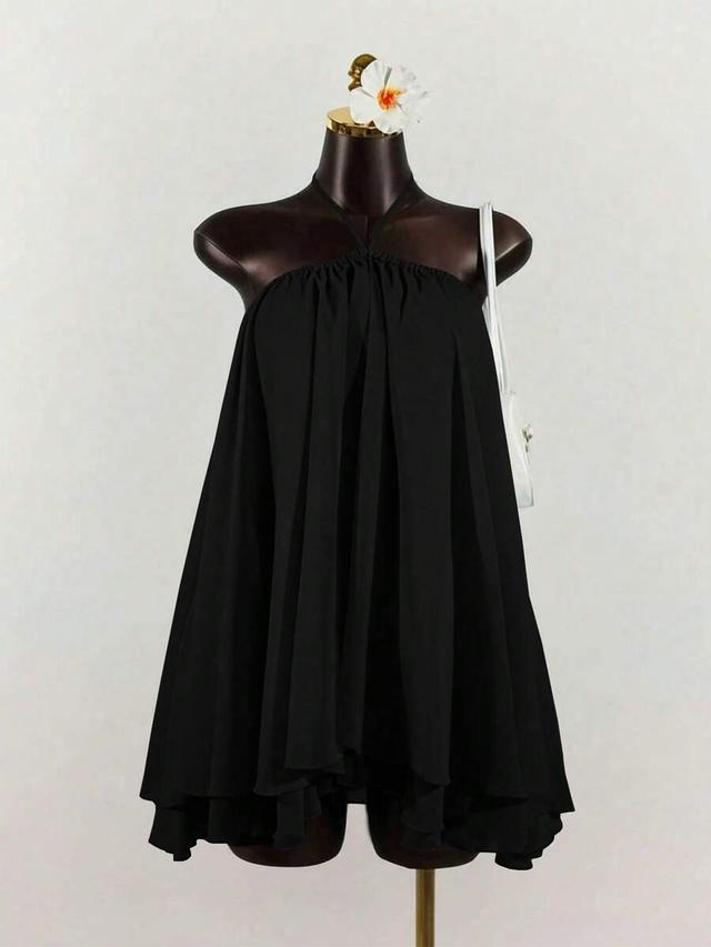 black chiffon layered ruffle sleeveless mini dress