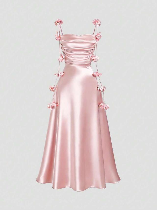 pink satin backless floral strap midi dress