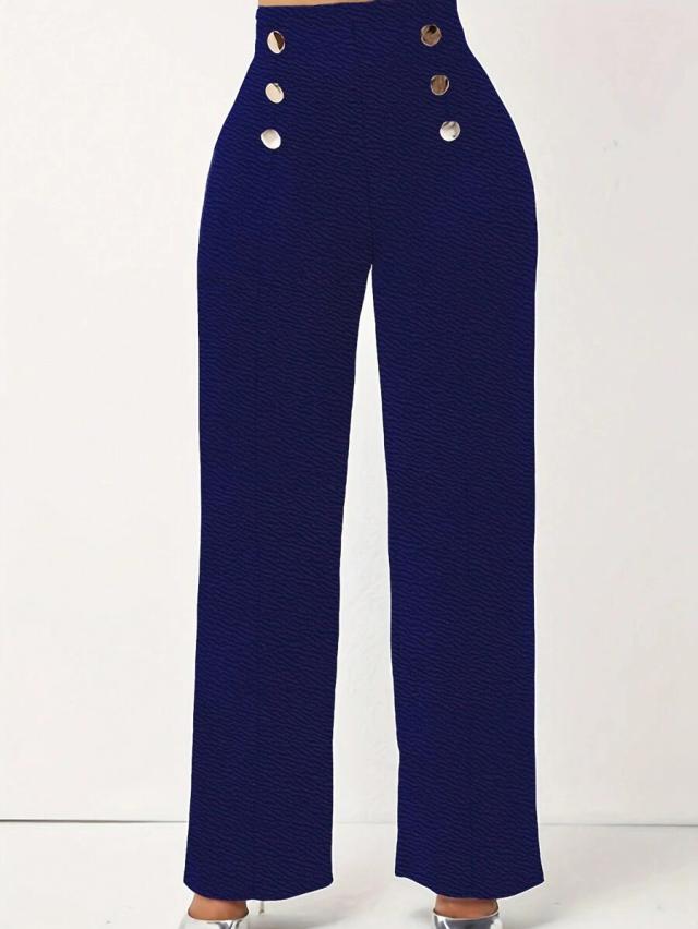 navy blue high-waist straight leg metal buckle trousers