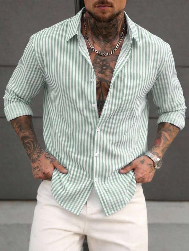 simple green and white striped woven button-up shirt