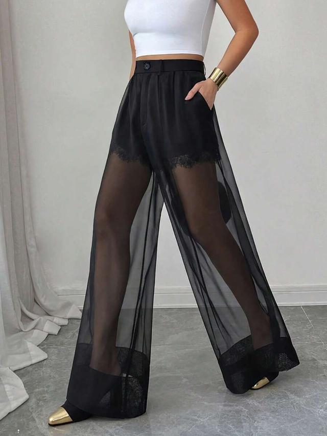 black semi sheer chiffon wide leg trousers
