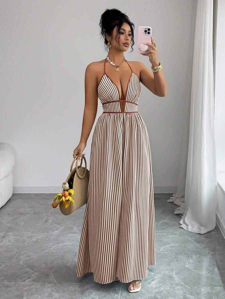 brown and white striped halter maxi dress