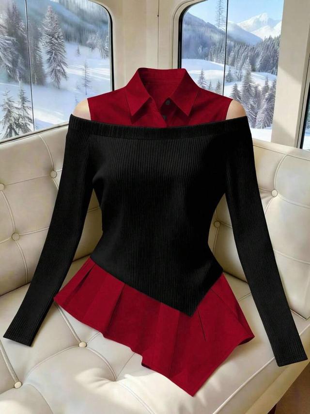 franclia classic black and white contrast cold shoulder top
