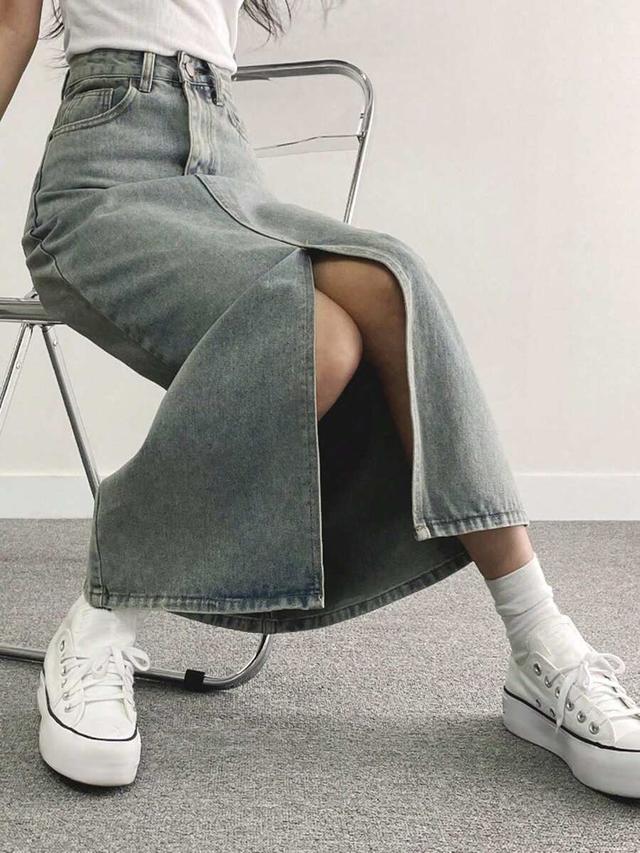 dazy high-low hem washed denim midi skirt