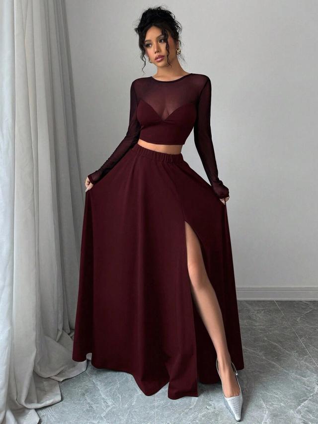 burgundy mesh patchwork long skirt set