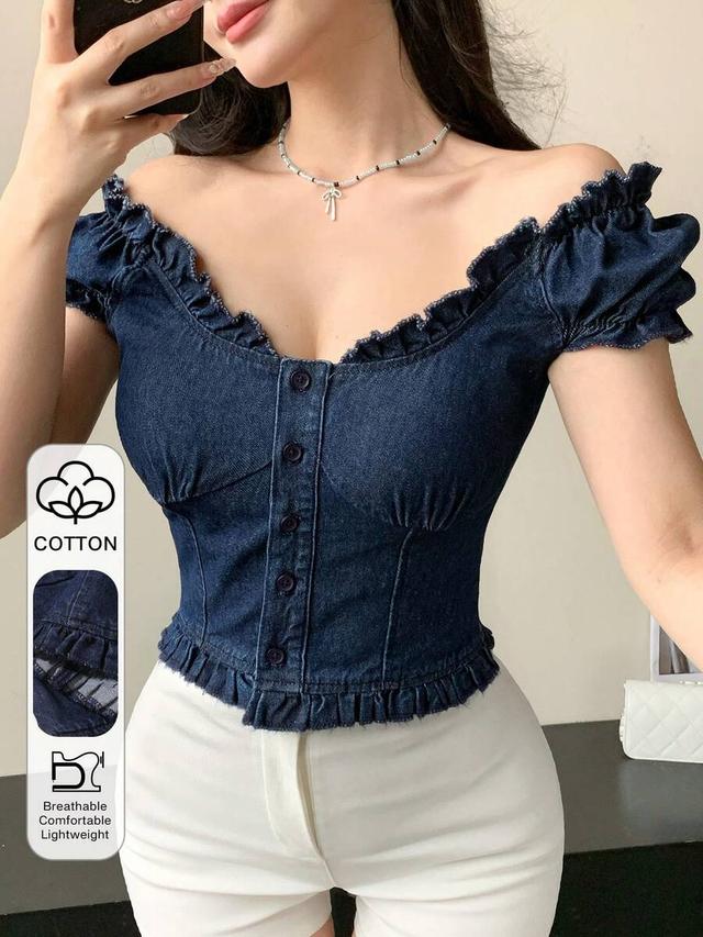 dark blue denim off-shoulder puff sleeve ruffle top