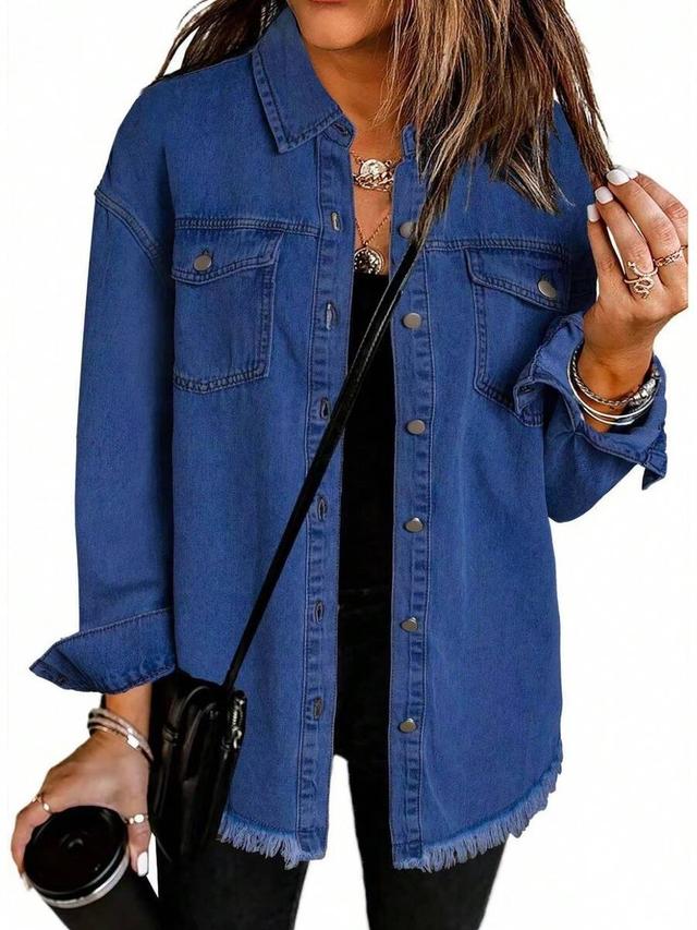 medium blue oversized denim shirt jacket with fringed hem