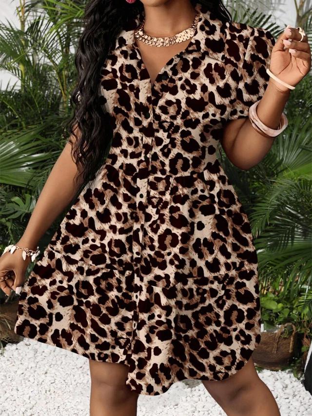 leopard print button down tiered shirt dress