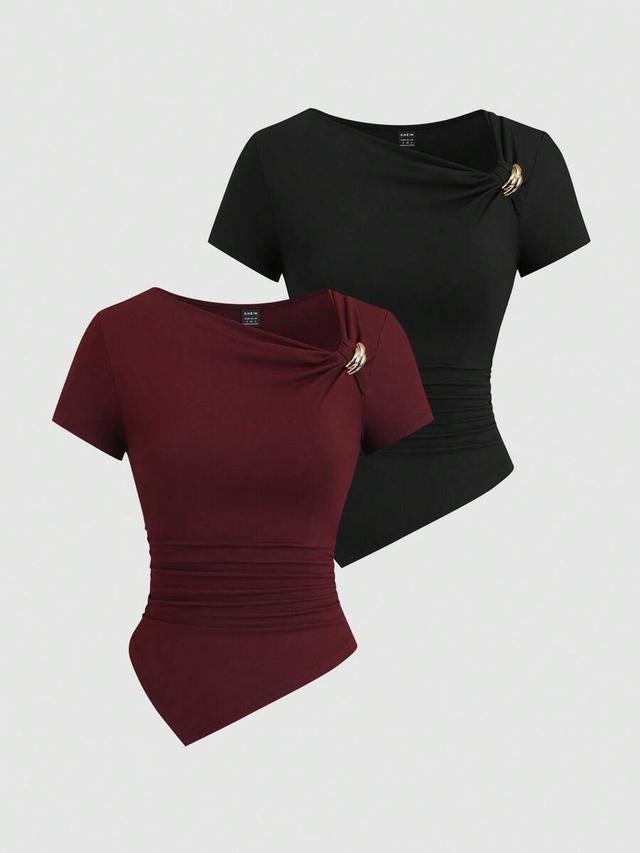 burgundy asymmetrical hem gathered waist short sleeve top