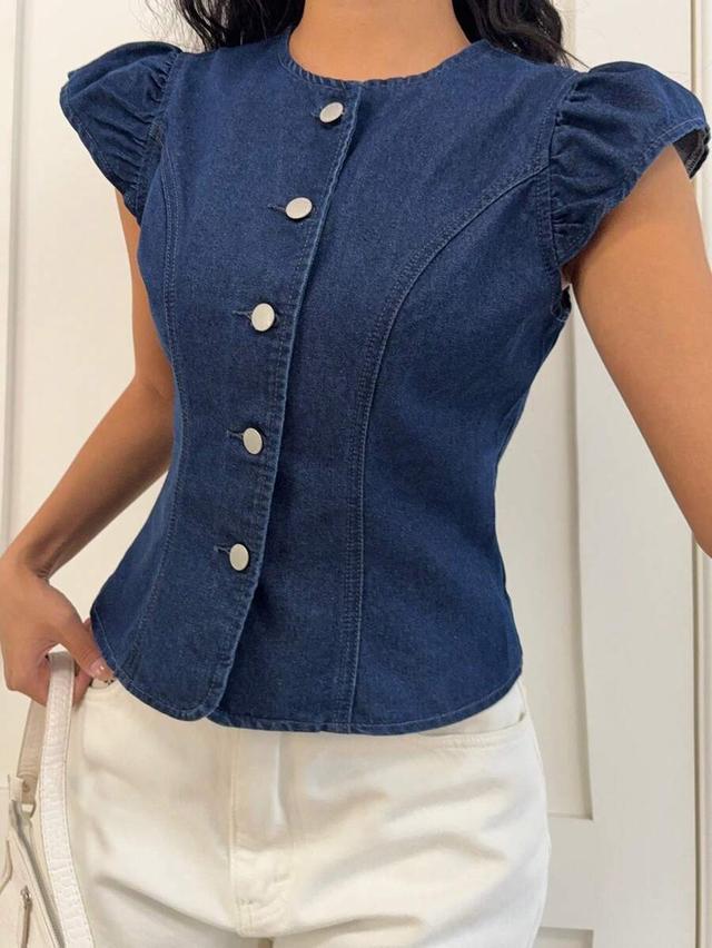 dark wash denim cap sleeve button down blouse