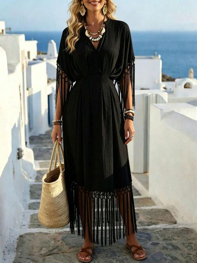 v-neck black fringe waist cinched long dress