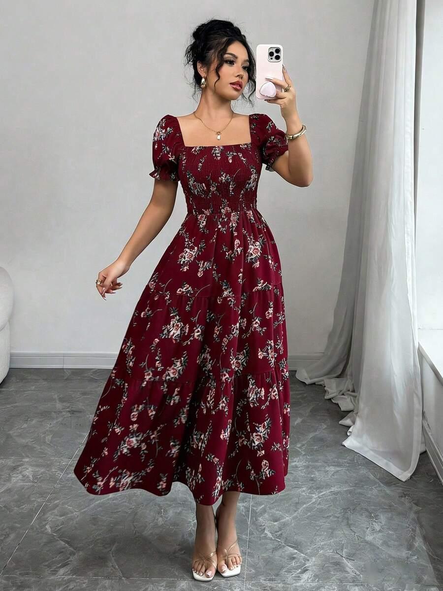 burgundy floral square neck smocked ruffle hem maxi dress