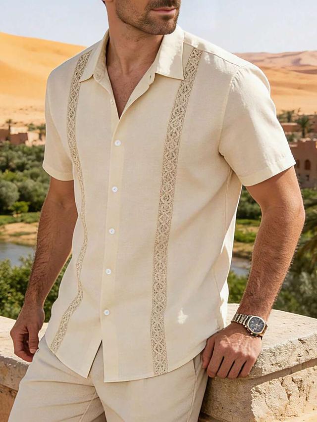 light beige linen blend lace patchwork button down shirt