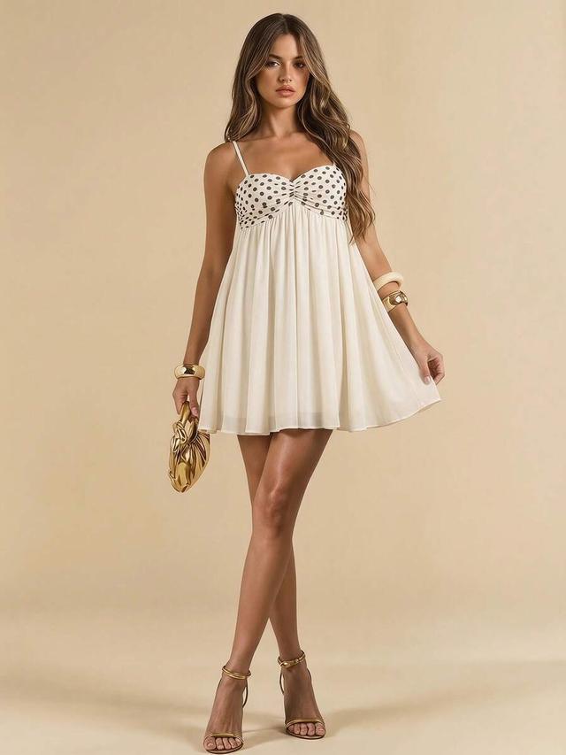 cream black polka dot sweetheart neckline chiffon mini dress