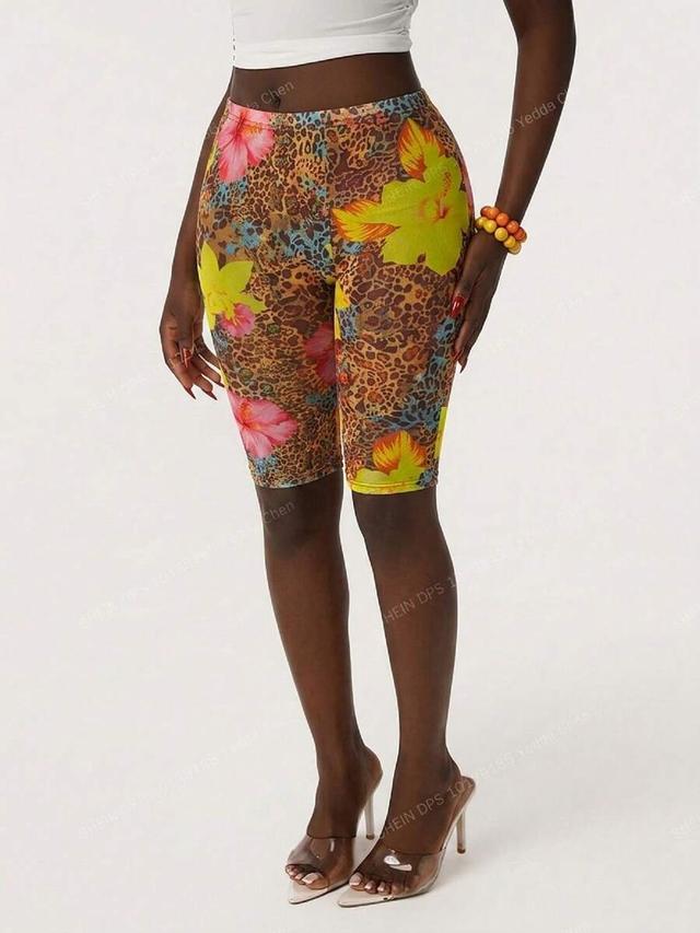 brown leopard floral print high waisted capri shorts