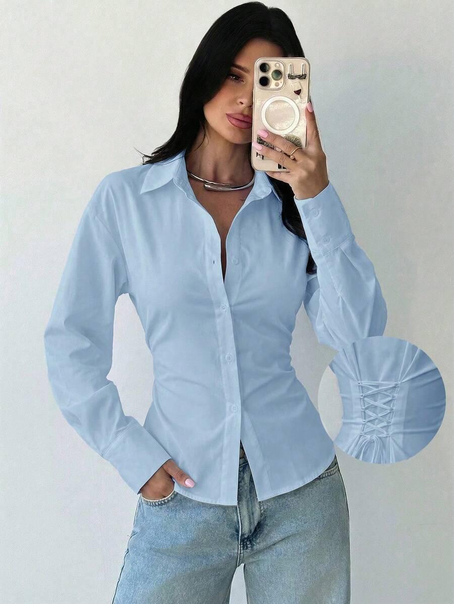 light blue cotton blend lace-up back shirt