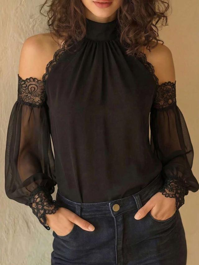 women's halter neck cold shoulder long sleeve black blouse