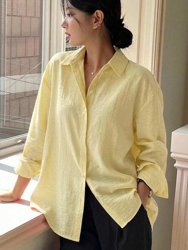 dazy women's solid yellow single-breasted casual long sleeve shirt