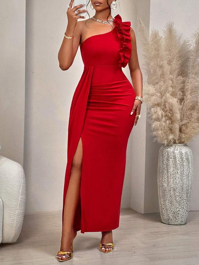 red asymmetric ruffle shoulder pleated slit midi dress