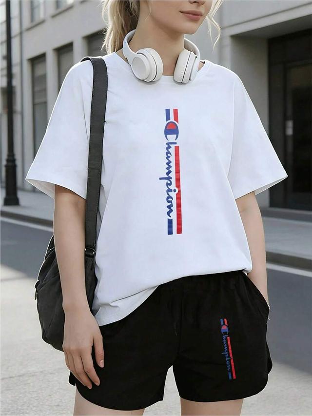 white women's casual logo print tee and shorts set