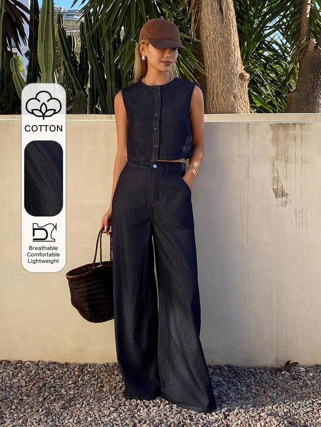 dazy women's round neck sleeveless denim vest and jeans