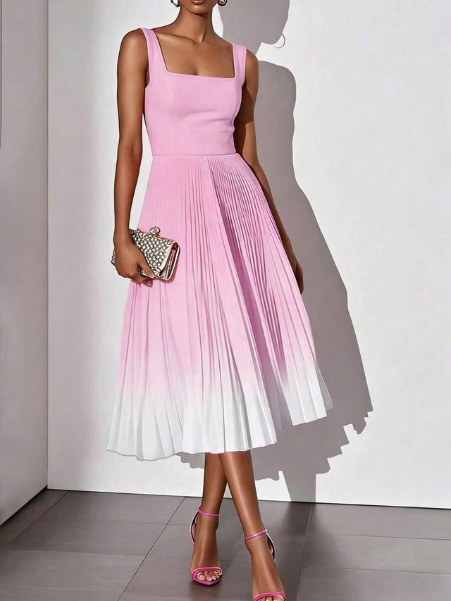 pink gradient ombre sleeveless pleated midi dress