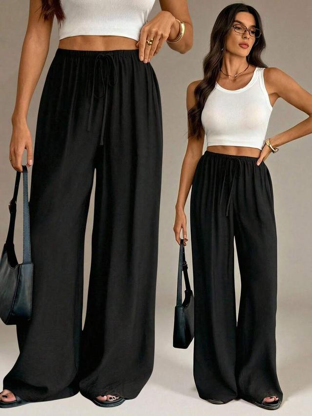 black high waist wide leg casual trousers
