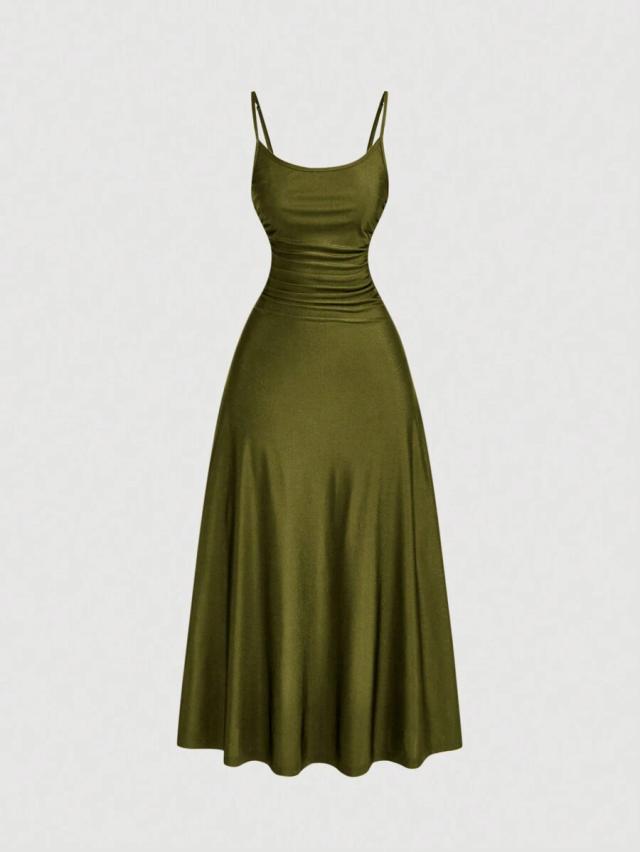 olive green satin midi camisole dress