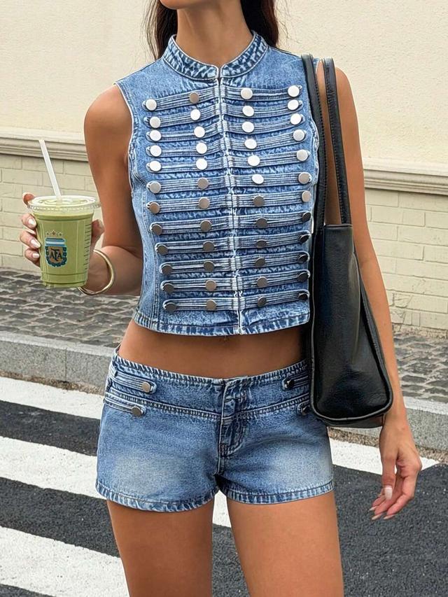 vintage retro napoleon style sleeveless denim jacket