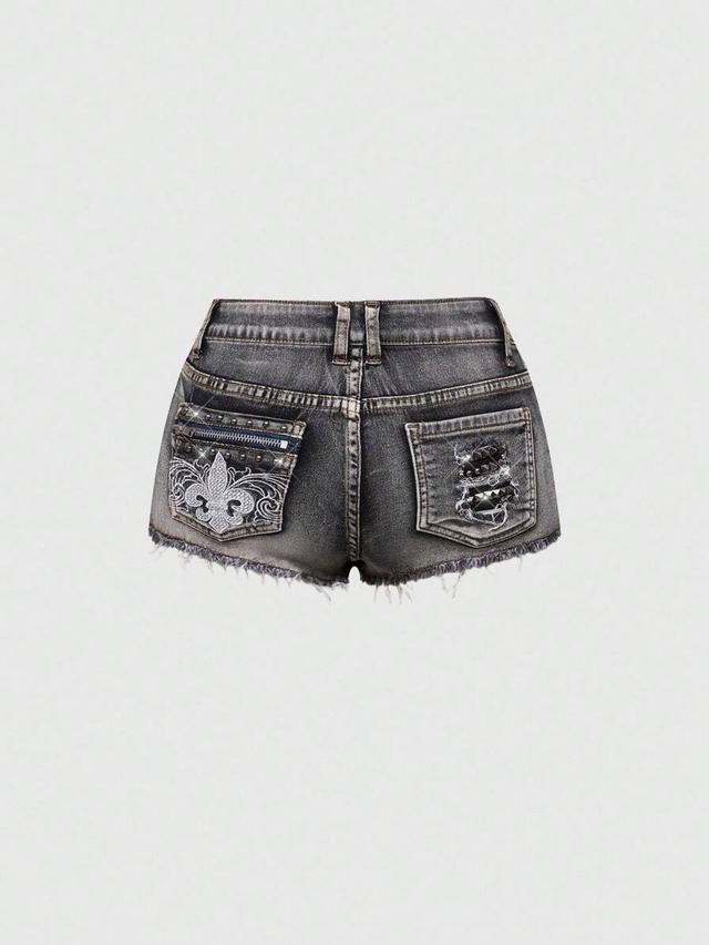 distressed grey denim shorts with embroidered fleur-de-lis