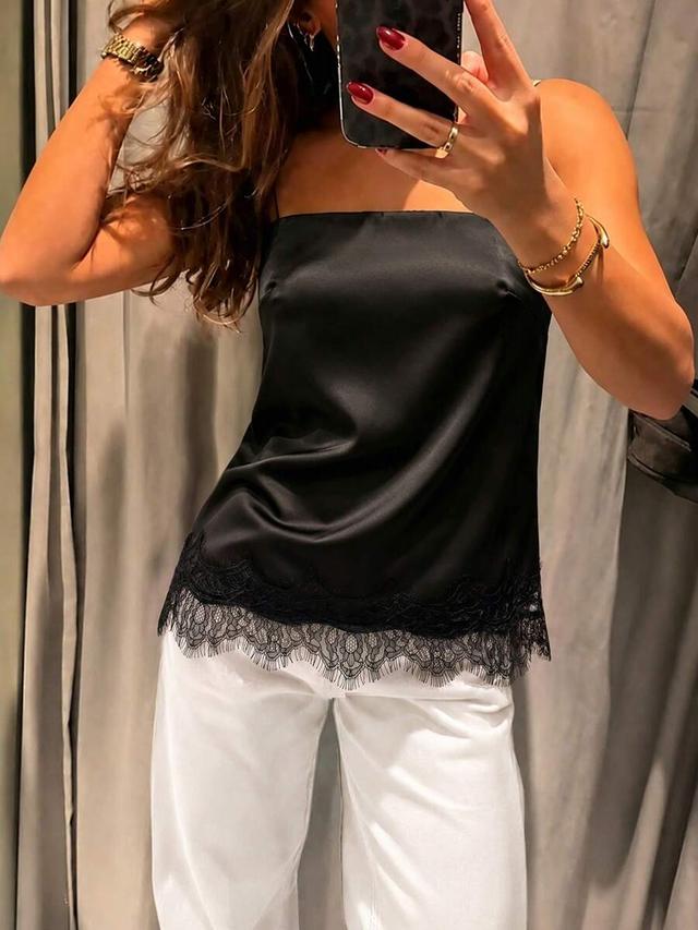 elegant black satin strapless top with lace trim
