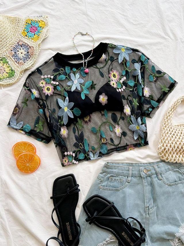 floral embroidered sheer mesh crop top