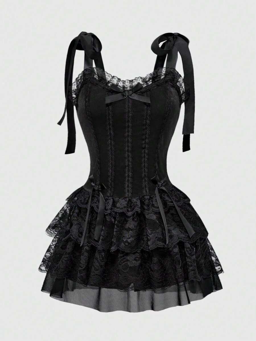 gothic vintage lace trim velvet corset midi dress