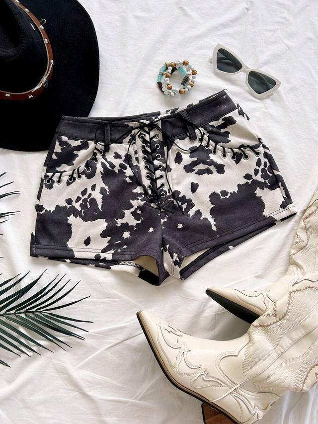 soleia women's retro cow print elastic suede shorts