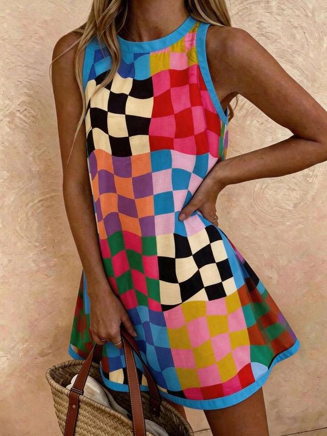 colorful checkered print sleeveless shift dress