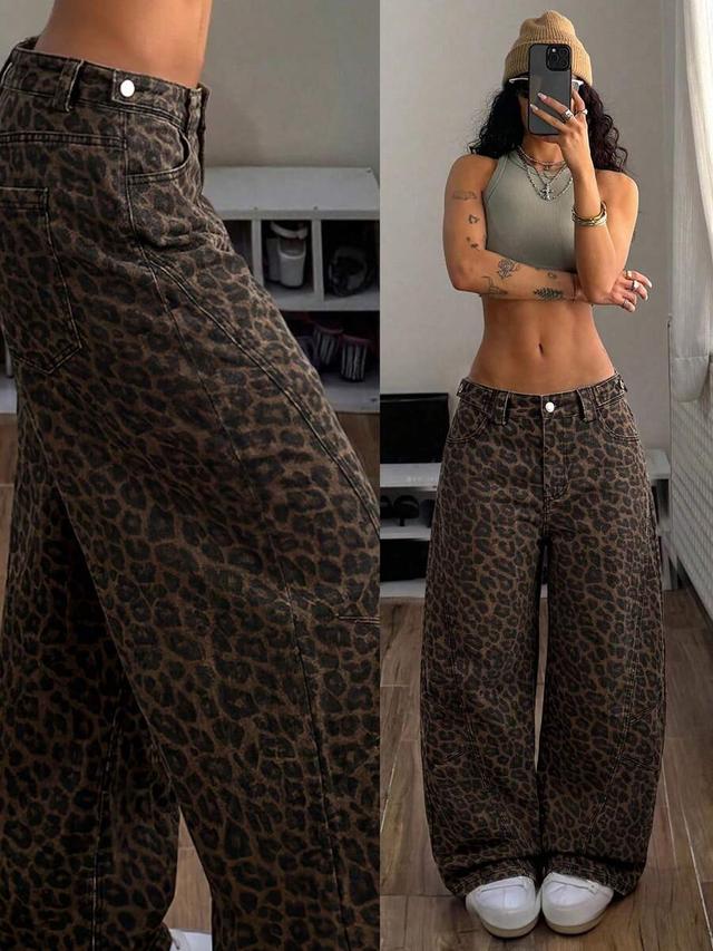 leopard print wide leg loose denim jeans