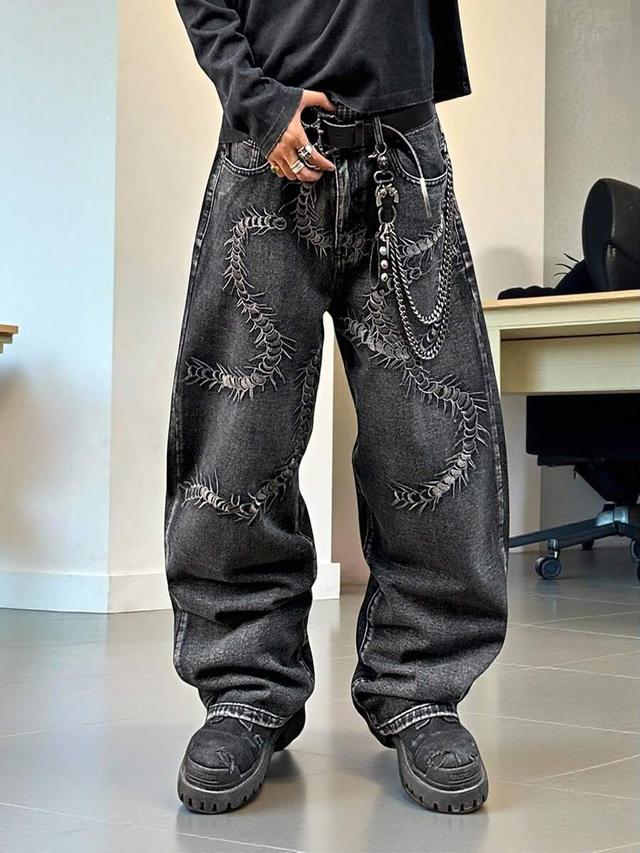 washed black wide leg insect embroidered baggy jeans