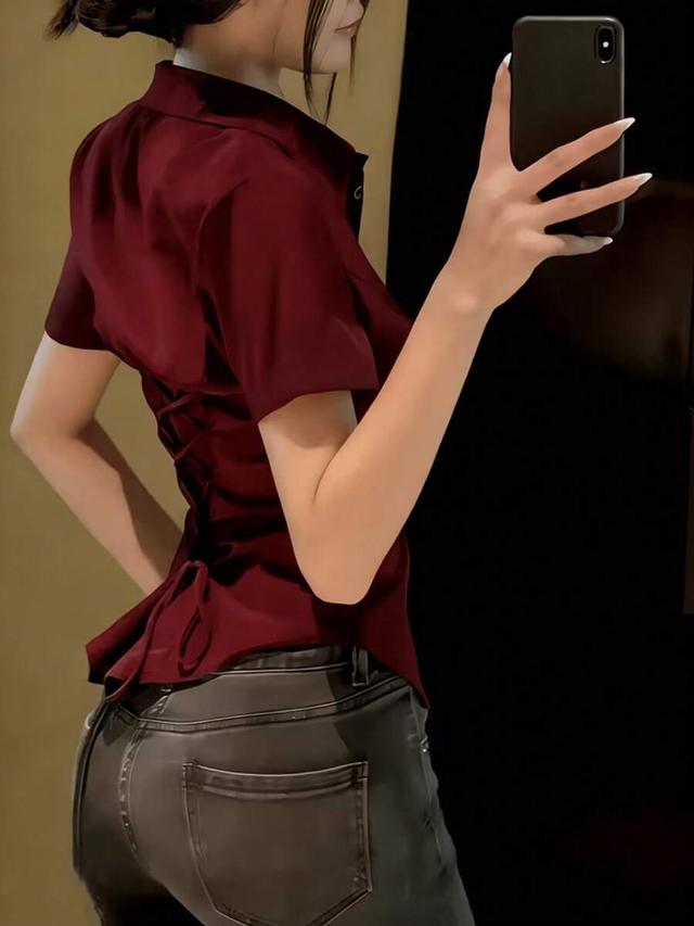 summer elegant solid color back tie shirt