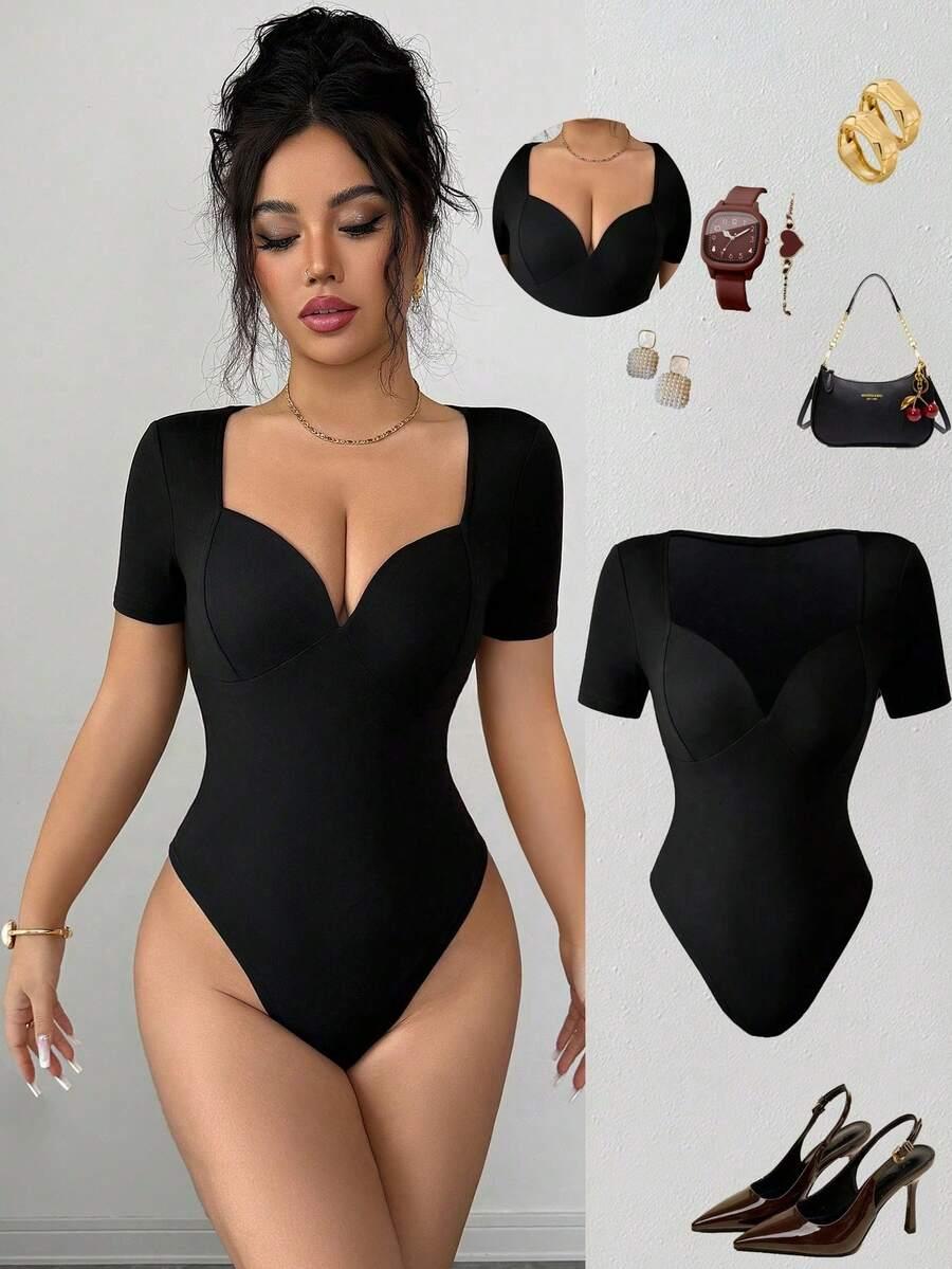 black short sleeve deep v-neck bodysuit
