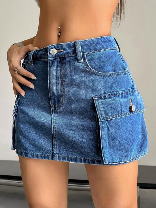 blue denim utility mini skirt with cargo pockets