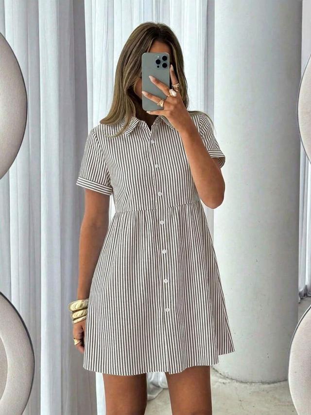 black and white striped front button short dress