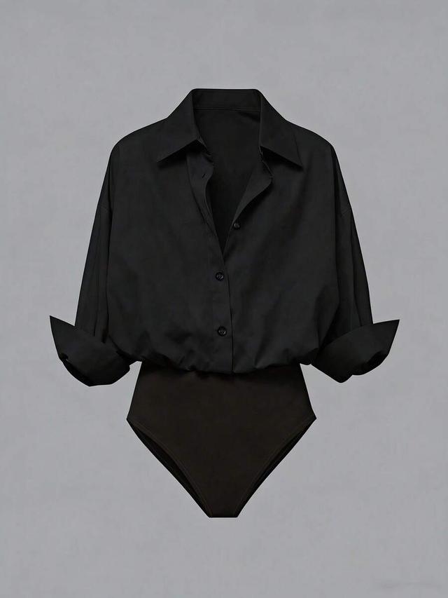 black casual loose open front long sleeve shirt bodysuit