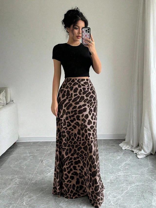 leopard print a-line elastic waist maxi skirt
