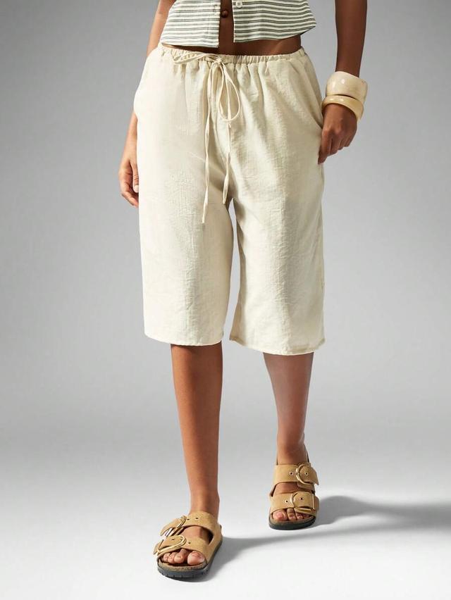 beige linen feel wide leg bermuda shorts