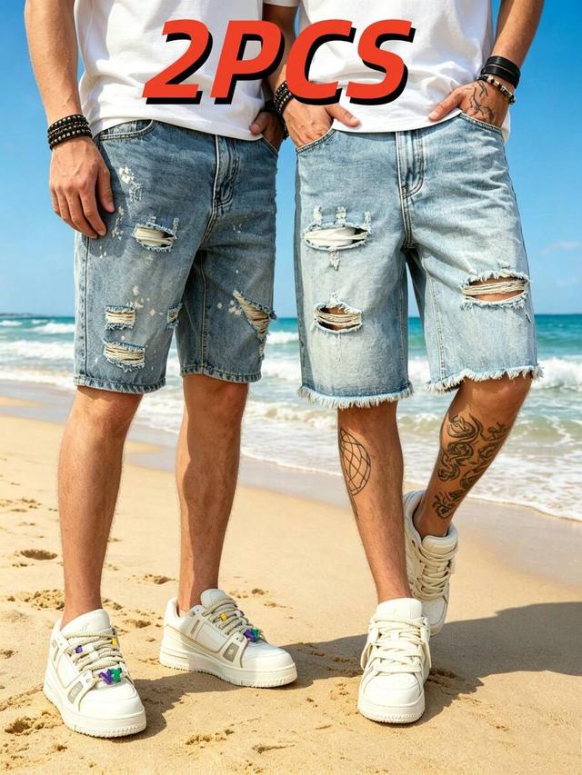 men's light washed distressed denim knee-length shorts