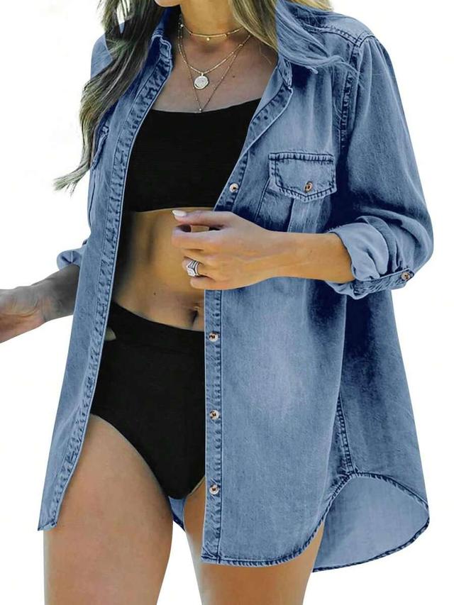 oversized distressed blue denim button down shirt