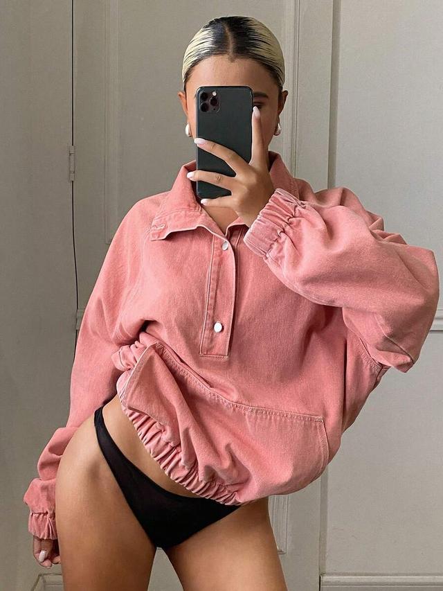 pink washed cotton denim shirt with ruffle cuffs