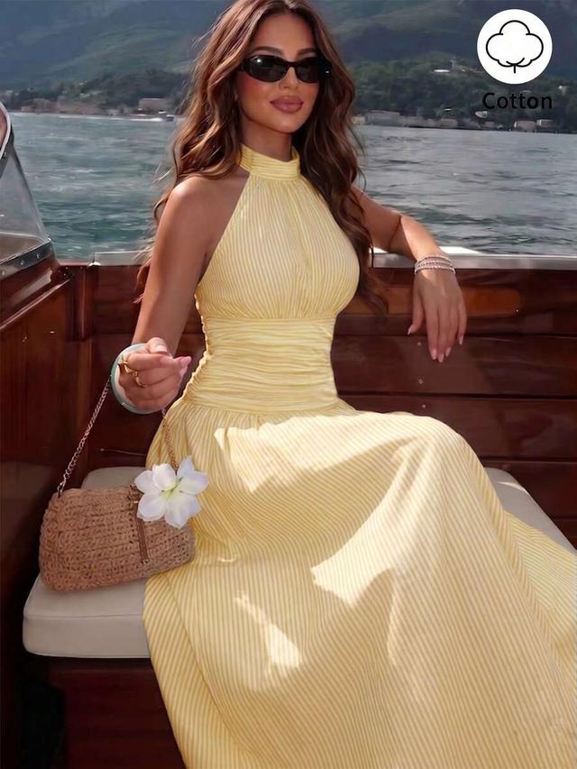 yellow and white striped halter maxi dress